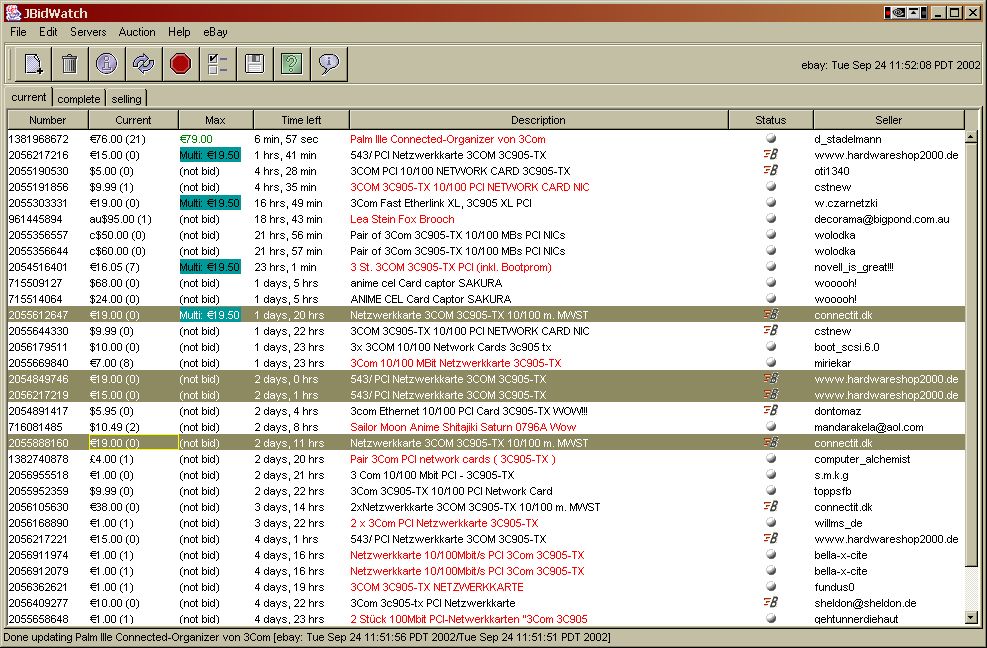 A multisnipe, and extra auctions selected about to be added to it.